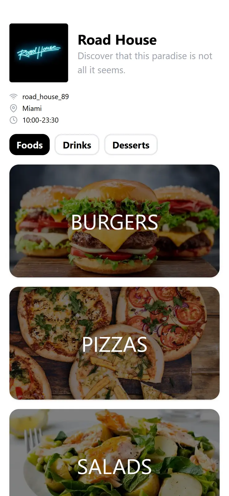 A digital menu displayed on a smartphone